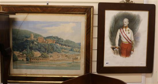 After Krichuber, colour lithograph, portrait of Johann Von Osterreich 1848, 48 x 37cm and a watercolour view 41 x 57cm
